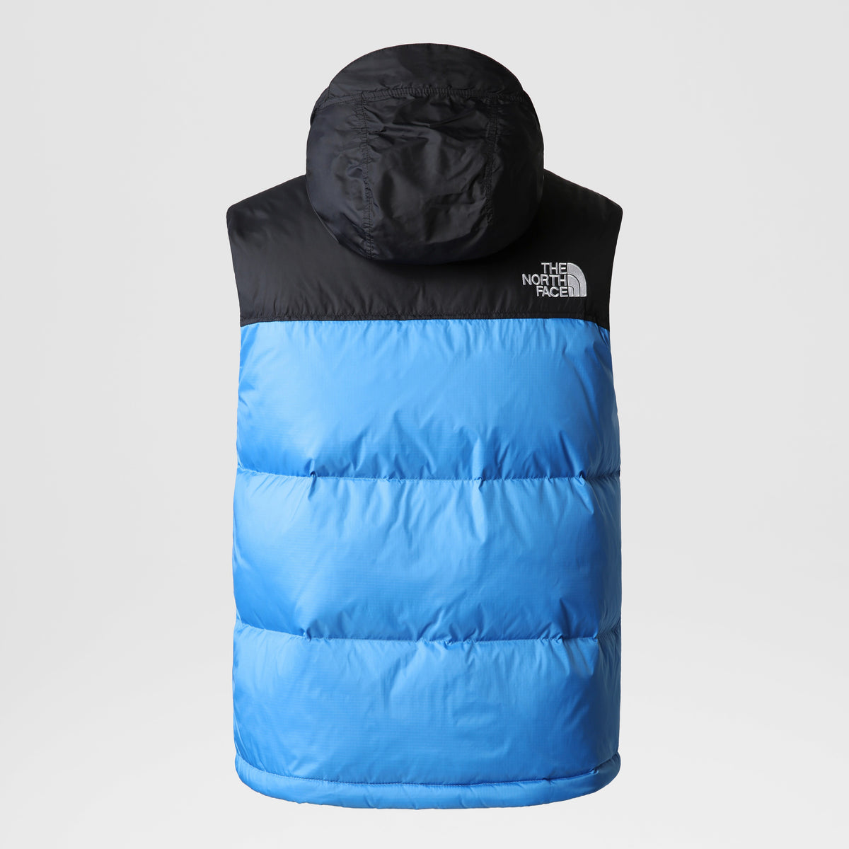 The North Face – Gilet 1996 Retro Nuptse – Super Sonic Blue, vista posteriore, cappuccio aperto