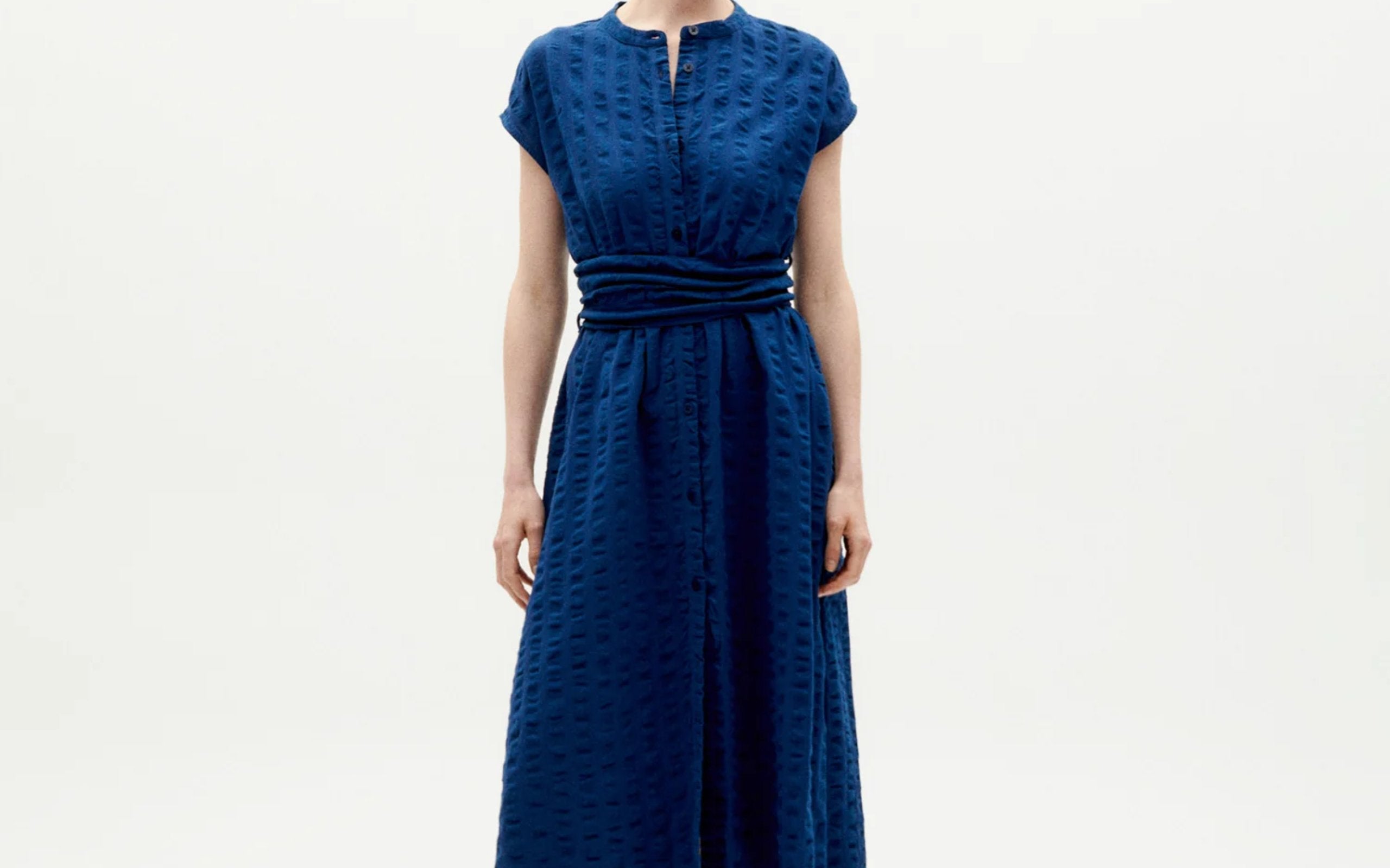 Thinking Mu Femme - Big Seersucker Gretel Dress - Navy-Robes-WDR00227