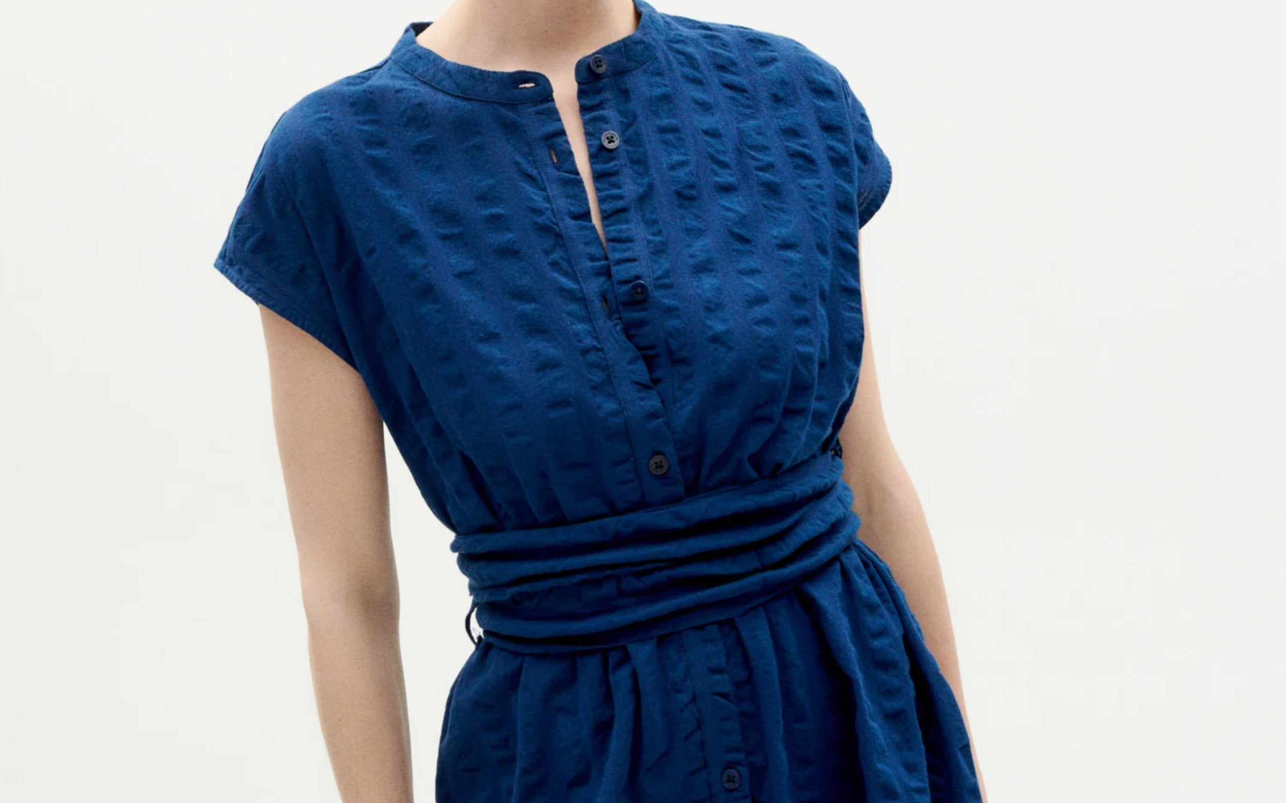 Thinking Mu Femme - Big Seersucker Gretel Dress - Navy-Robes-WDR00227