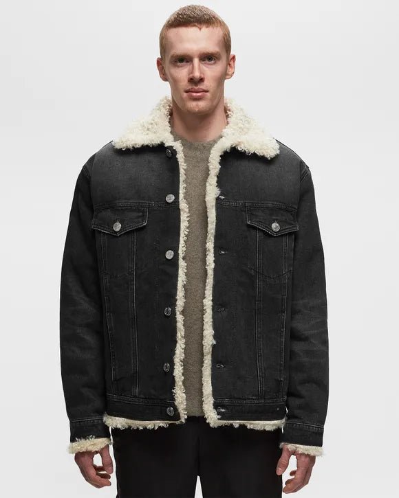 Ami Paris - Veste Trucker Doublée avec Fourrure Synthétique - Used Black-Pulls et Sweats-UJK239.DE0018