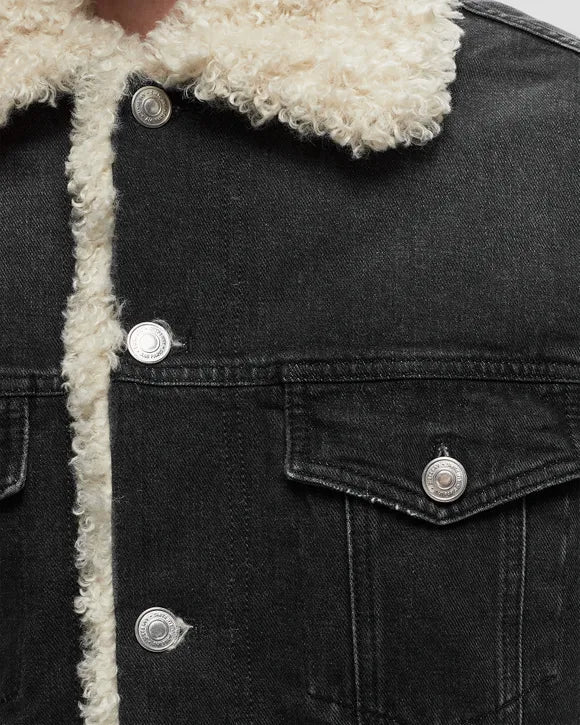 Ami Paris - Veste Trucker Doublée avec Fourrure Synthétique - Used Black-Pulls et Sweats-UJK239.DE0018