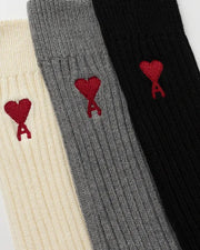 Ami Paris - Chaussettes Ami de Coeur - Pack x 3 - Ecru, Gris et Noir (FW23)-Sous-Vêtements-BFUSC003.379-971