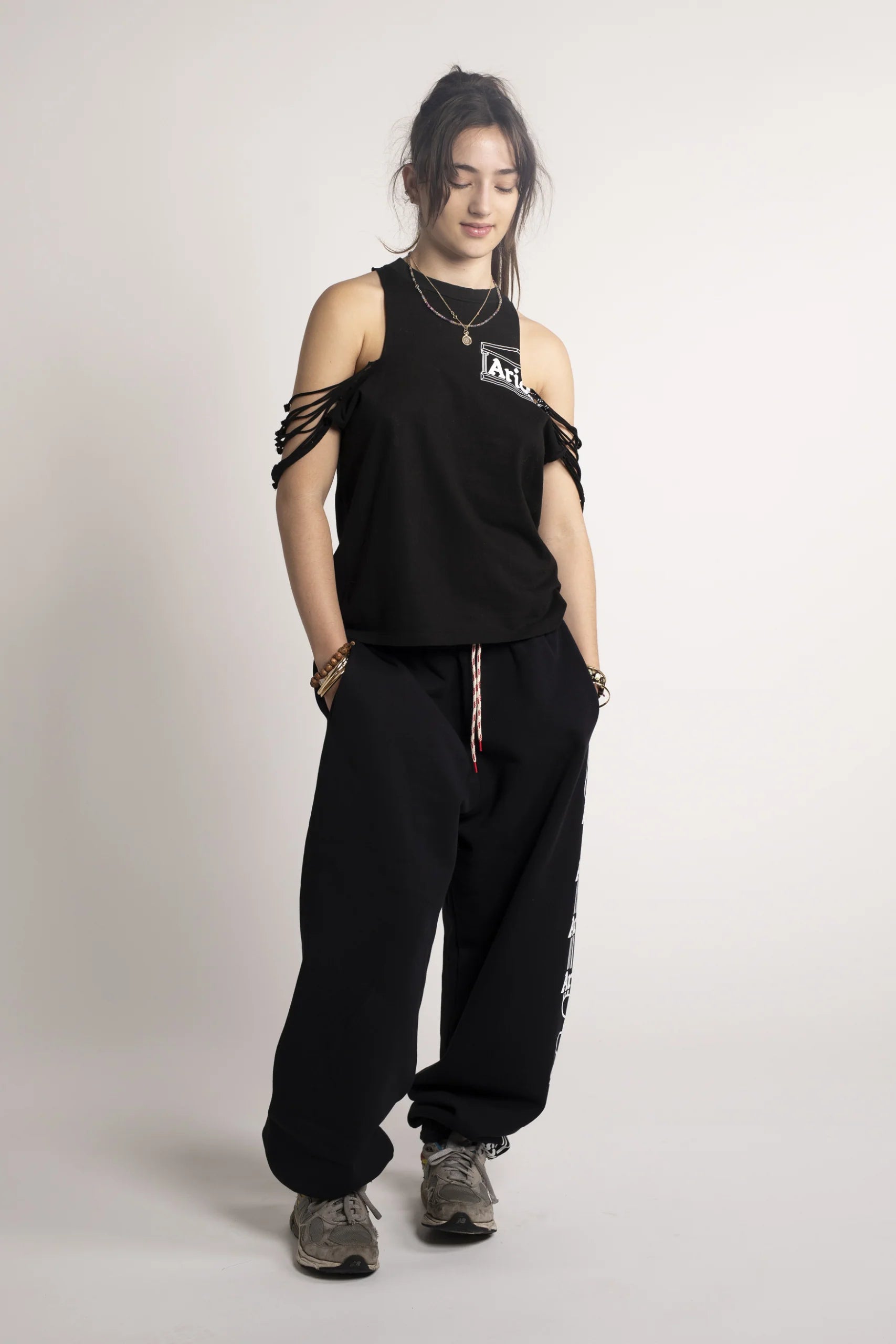 Aries Arise - Slashed Shoulder Temple Vest - Black-Tops-STAR40053