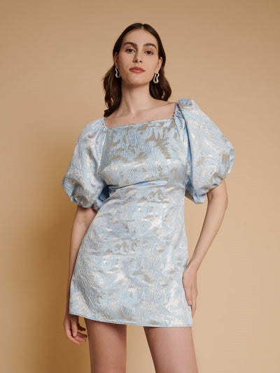 Ghospell - Gia Jacquard Mini Dress - Blue/Silver - Robe Jacquard Bleu et Argenté-Robes-DRG712BLE