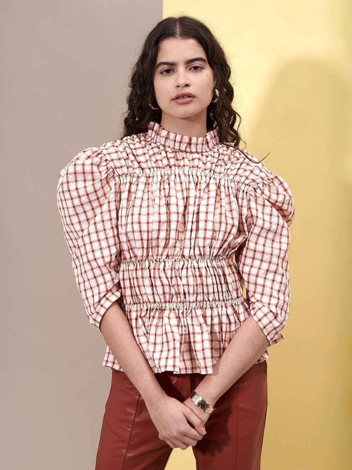 Ghospell - Sunrise Check Ruched top /ivory and red- Top manches bouffantes / Ivoire et rouge-Tops-TOG263RED-S