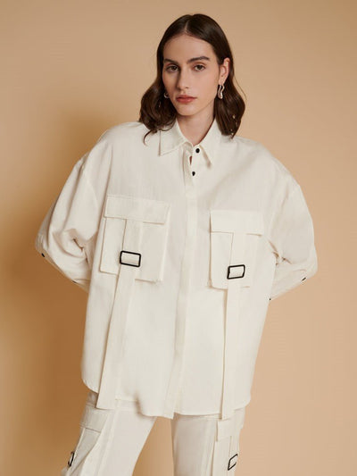 Ghospell - Zoe Cargo Pocket Shirt - White-Tops-BLG278WHT