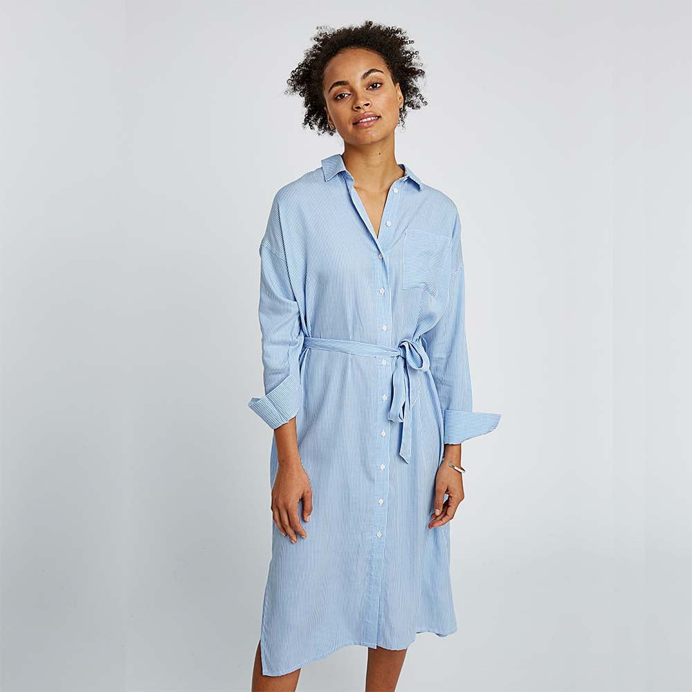 People Tree - Robe Chemise longue Ginny - Rayure Bleu-Robes-V306UW.BL1.L-1