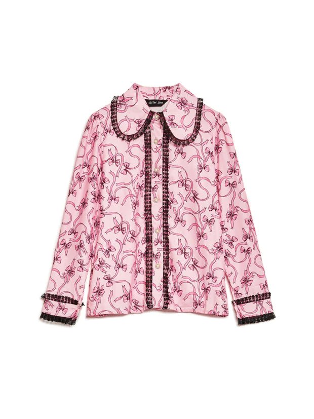 Sister Jane - Bravo Bow Print Shirt Cotton Candy Black-Tops-BL1106PNK