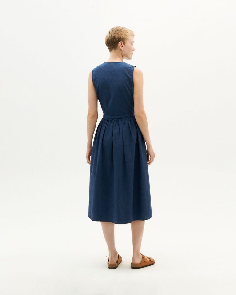 Thinking Mu- Seersucker Amapola Dress - Navy-Robes-WDR00181