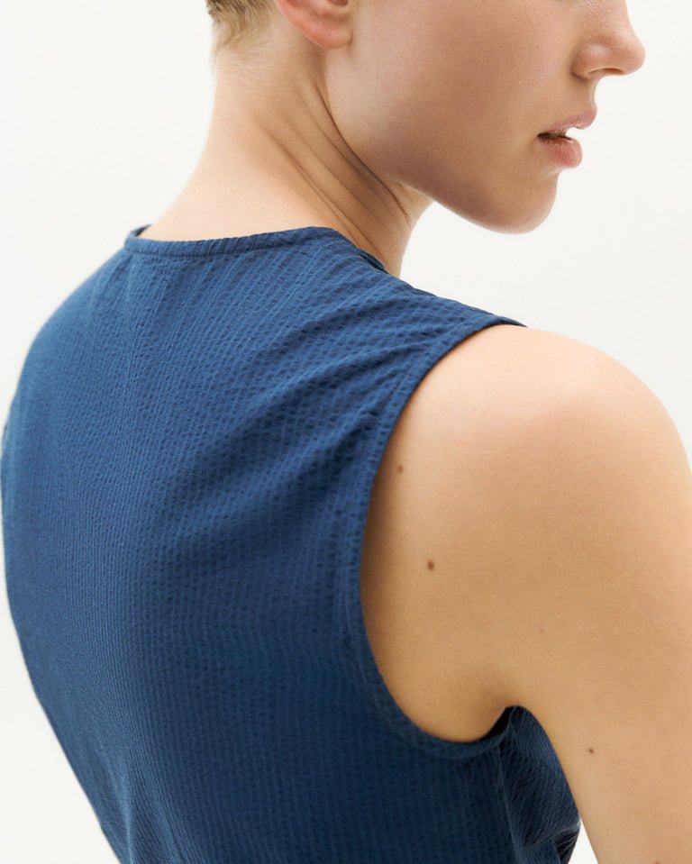 Thinking Mu- Seersucker Amapola Dress - Navy-Robes-WDR00181