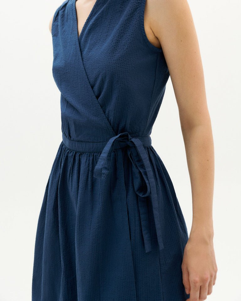 Thinking Mu- Seersucker Amapola Dress - Navy-Robes-WDR00181