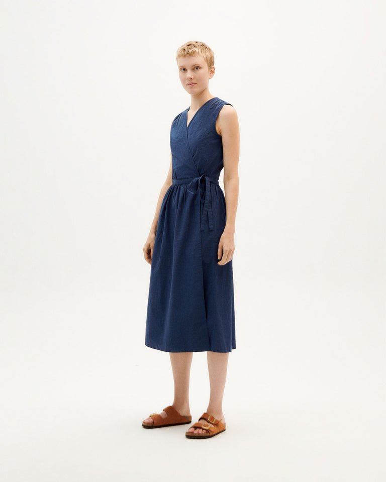 Thinking Mu- Seersucker Amapola Dress - Navy-Robes-WDR00181