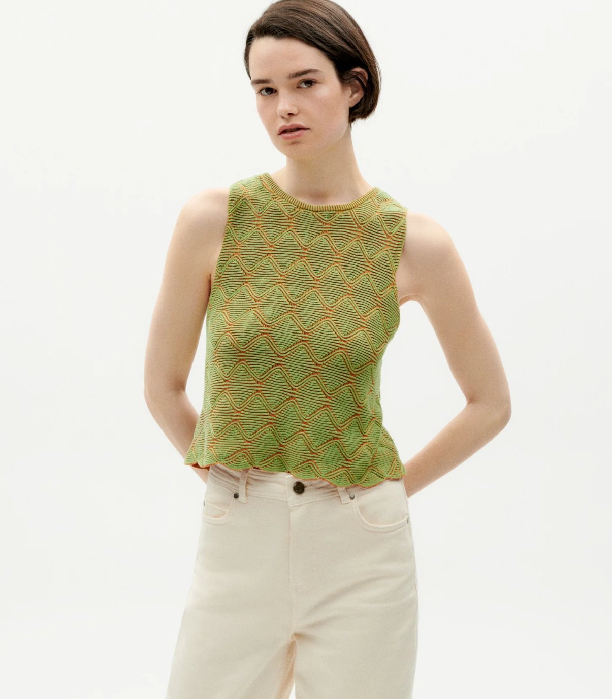 Thinking Mu Femme - Parrot Aura Knitted Top - Green and Orange-Tops-WKN00174