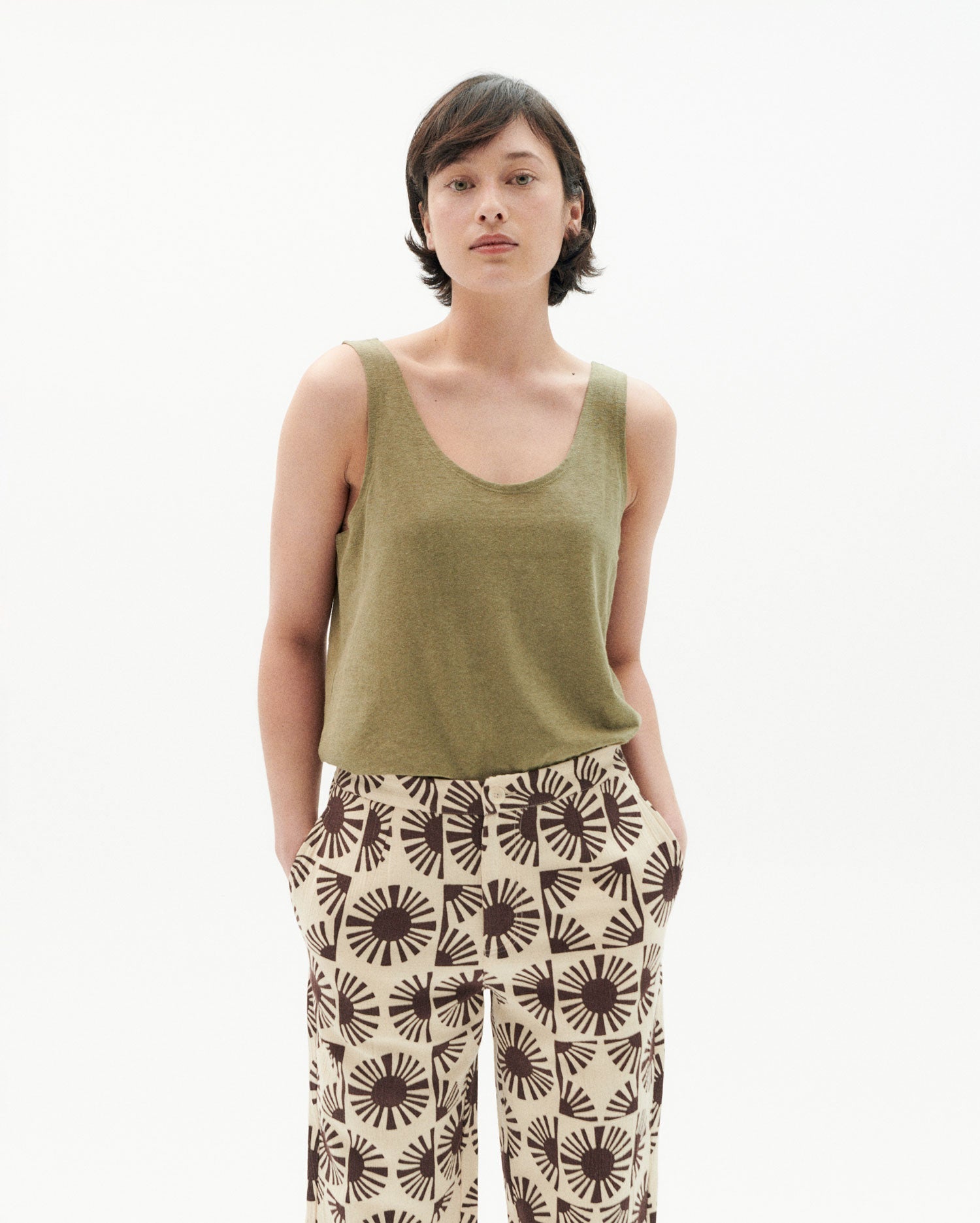 Thinking Mu - Hemp Tank Top - Kaki-Tops-WTP00079