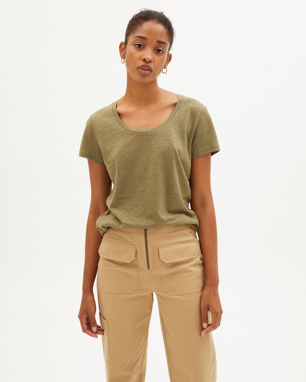 Thinking Mu - Kaki Hemp Regina T-shirt-Tops-WTS00284